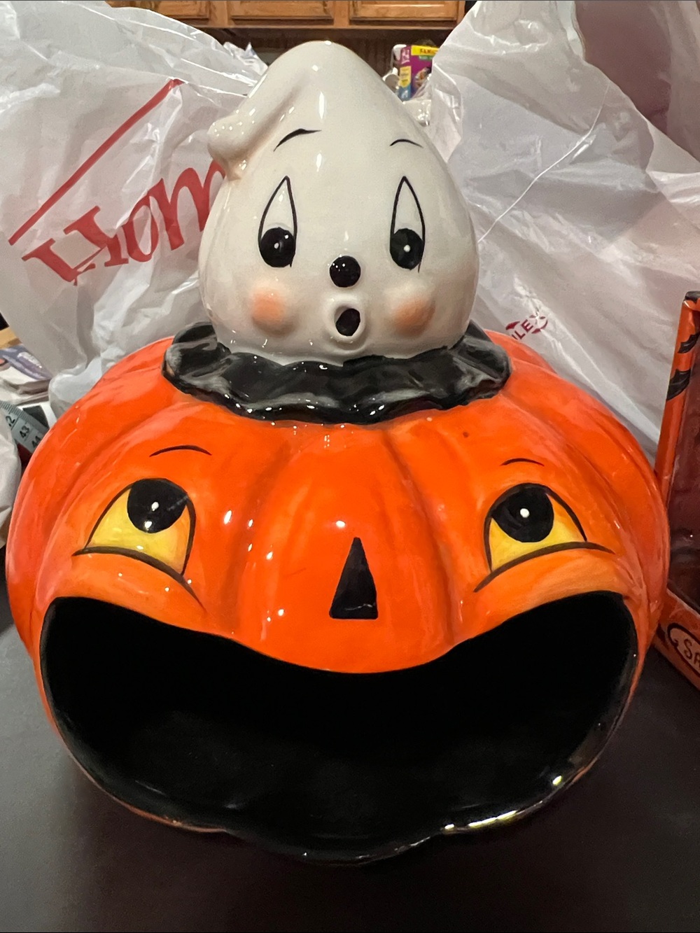 Johanna Parker Ceramic Pumpkin with Gus on top - Bright Orange & White